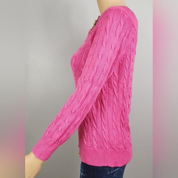 Lauren Ralph Lauren Pink Cable Knit Buckle Detail Sweater Size Small - Picture 3 of 11